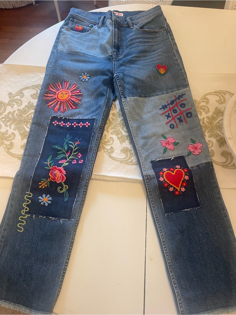 Johnny Was Denim Patchwork Jeans with Colorful Embroidery